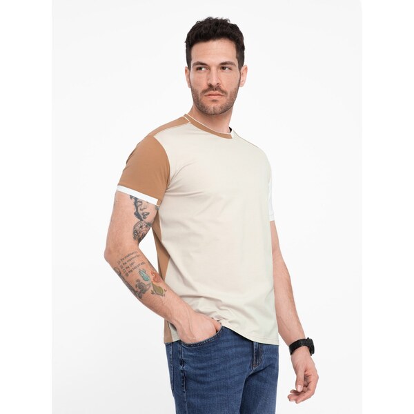 Ombre Mens elastane t-shirt with colored sleeves - brown 51031795
