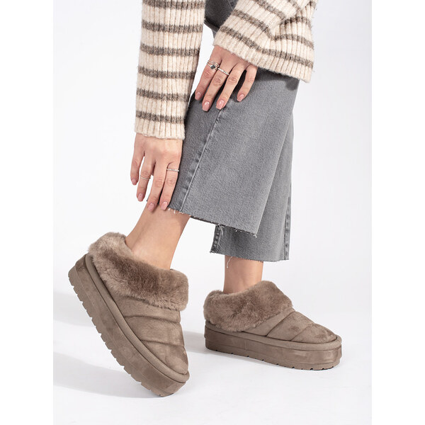 Shelvt Beige low slip-on snow boots for women with fur 59901805