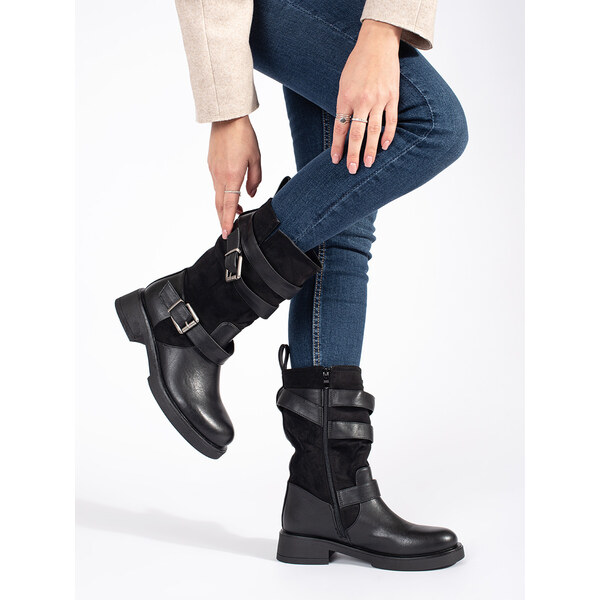 Shelvt Womens black low-heeled ankle boots with buckles 59899909