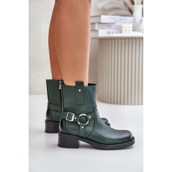 Zazoo Leather ankle boots on a low heel insulated dark green 59905908