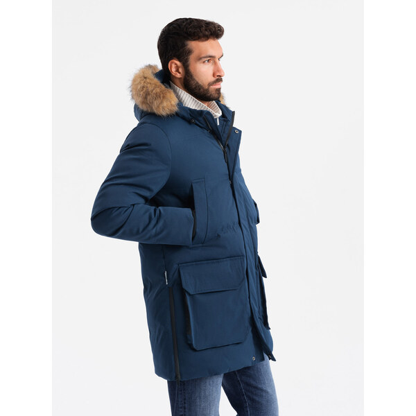 Ombre Mens long parka jacket with flared bottom - navy blue 64782720