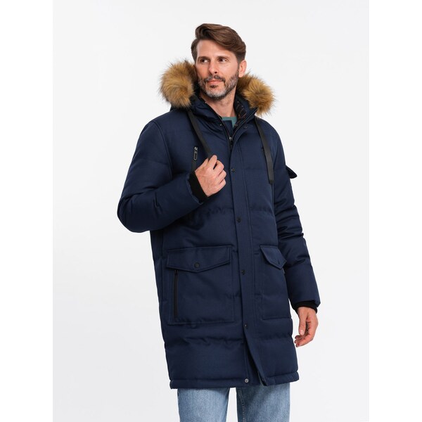 Ombre Mens long warm parka hooded jacket - navy blue 64782463