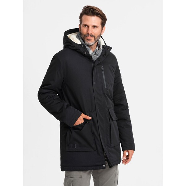 Ombre Męska długa kurtka parka sherpa – black 64782719