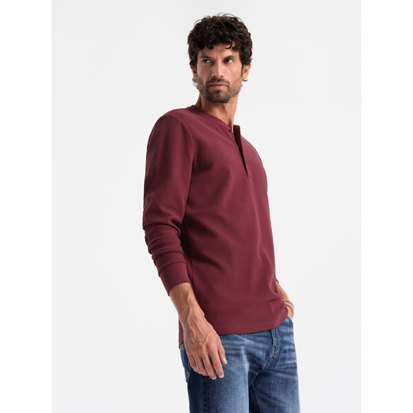 Ombre Button up neck mens waffle knit longsleeve - maroon 57968604