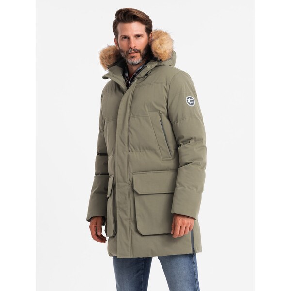 Ombre Mens long parka jacket with flared bottom - dark olive green 64782572