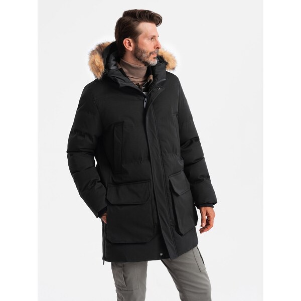 Ombre Mens insulated long parka jacket with flared bottom - black 64782717