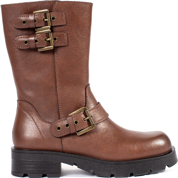 BASIC Hnedé kožené dámske členkové topánky na platforme zdobené 58402868