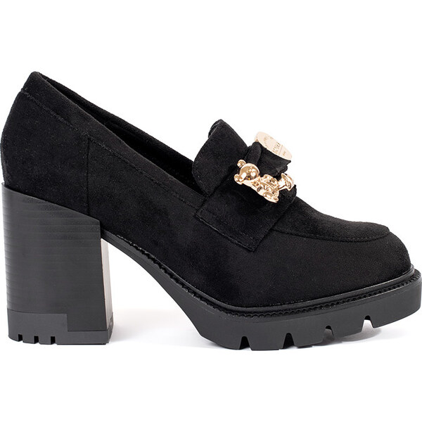BASIC Čierne dámske semišové poltopánky na podpätku s kovovou ozdobou, 58402863