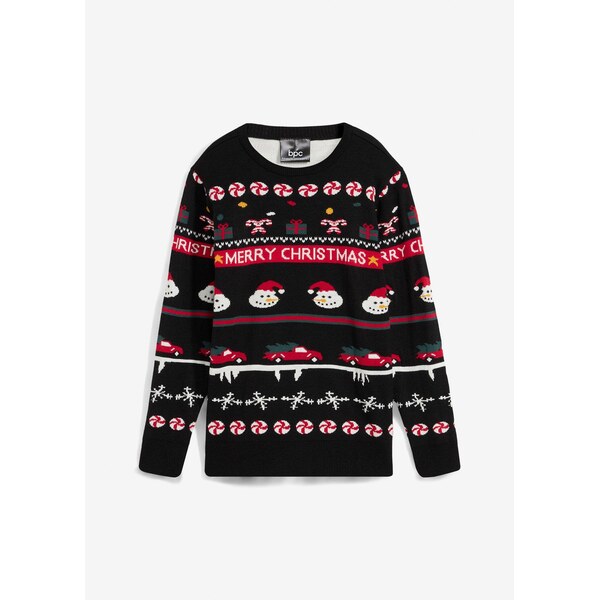 bonprix Detský pletený pulóver s vianočnými motívmi, farba čierna 59720358