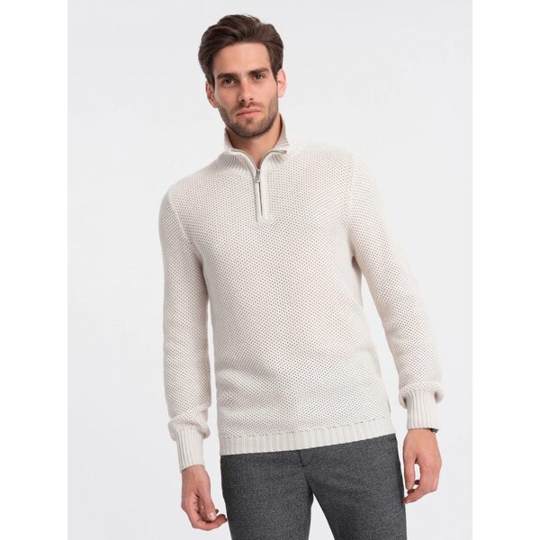 Ombre Clothing Elegantný pánsky sveter v krémovej farbe V1 SWZS-0105 48820173