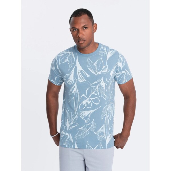 Ombre Clothing Modré tričko s motívom listov V2 TSFP-0180 50744337