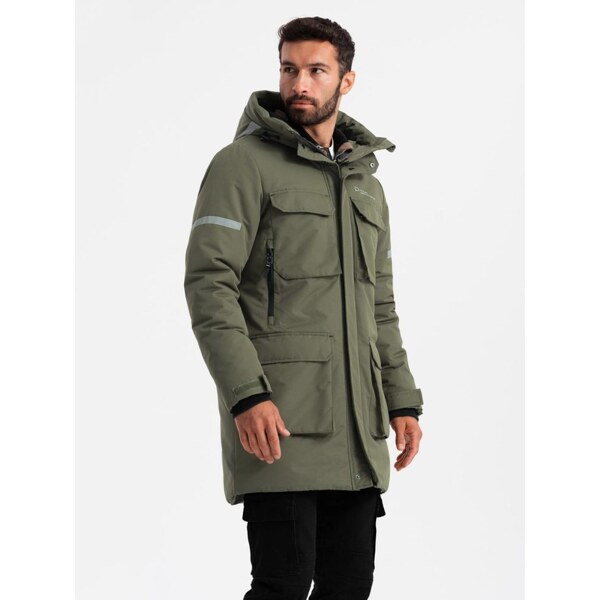 Ombre Clothing Neobyčajná olivová dlhá bunda na zimu V3 JALJ-0169 65638676