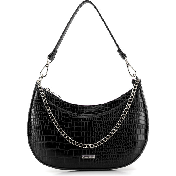 Wittchen Damska torebka bagietka z łańcuszkiem croco czarno - srebrna 66066181