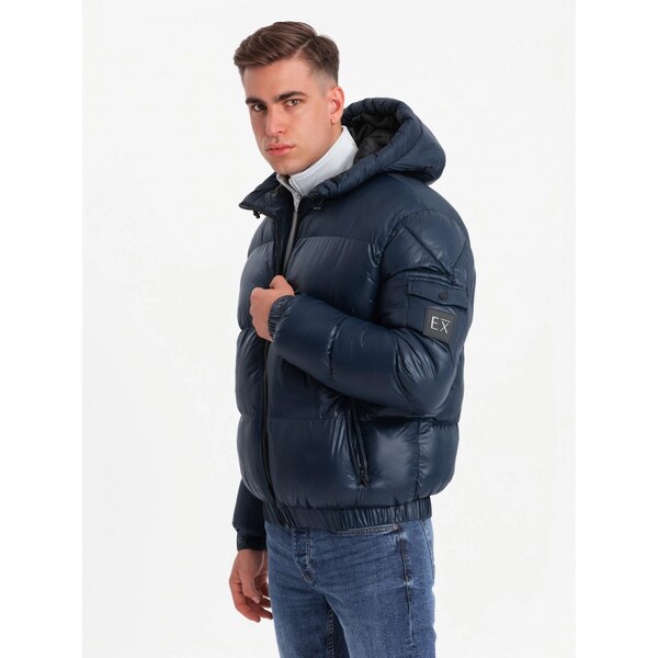 Ombre Clothing Nadčasová prešívaná lesklá tmavo modrá bunda V2 JAHP 65638701