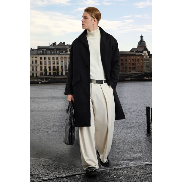 Trendyol Black Oversize Fit Stand Collar Long Stash Winter Coat 56095954