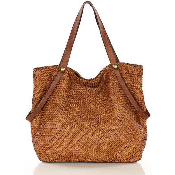 MARCO MAZZINI Veľká pletená kožená shopper taška | camel v244c 60290512