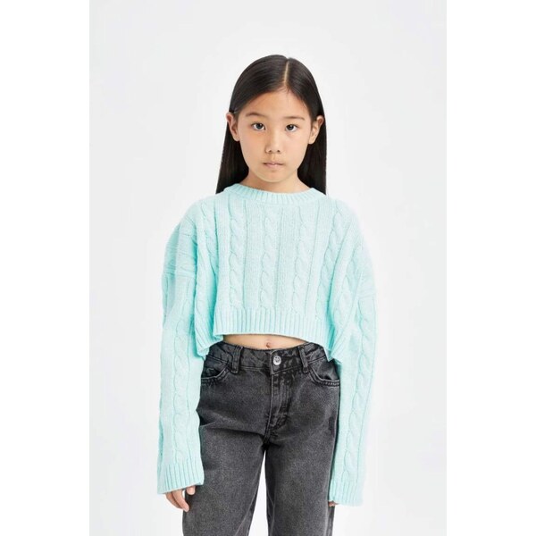 DEFACTO Girl Crop Crew Neck Hair Knitted Sweater 60298821
