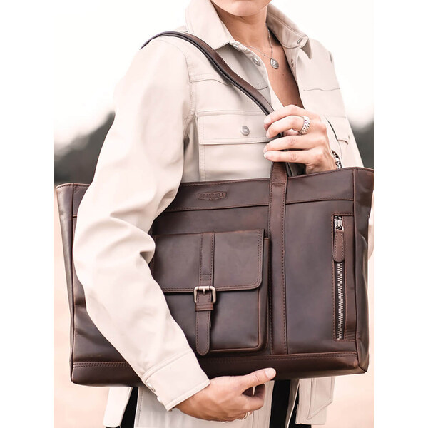 Dámska kožená kabelka na notebook Sparwell Leone - tmavo hnedá 44072182