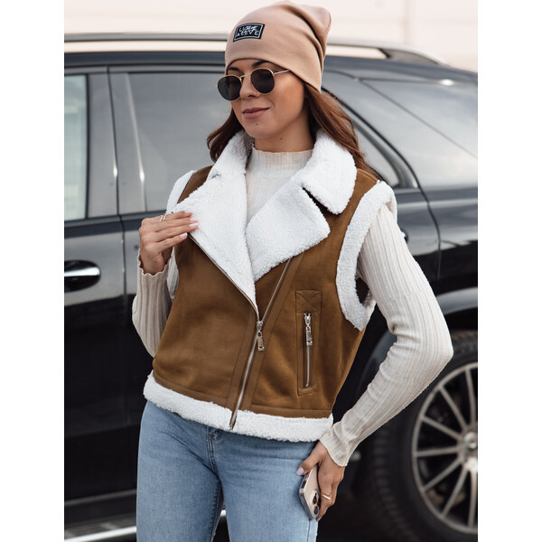 BASIC Dámska hnedá semišová vesta s ovčím kožúškom WOOLZIP TY4741 60381990