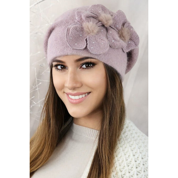 Kamea Ružová lila luxusná elegantná dámska zimná baretka s kvetmi 60392790