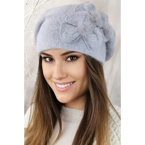 Kamea Šedá luxusná elegantná dámska zimná baretka s kvetmi Cindy , 60392792