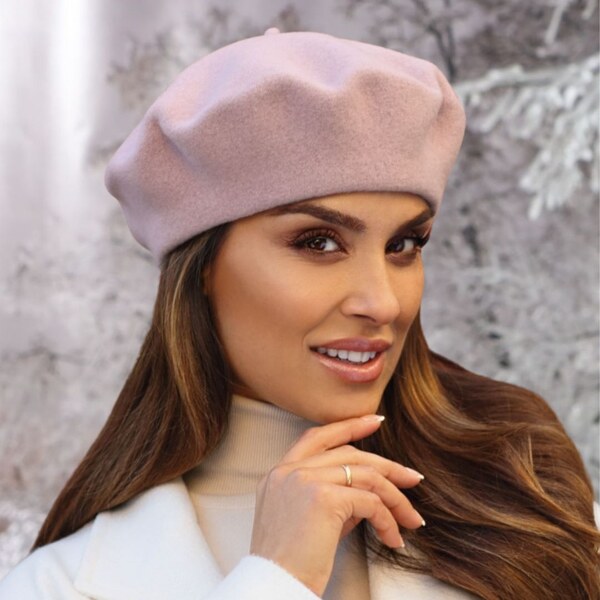 TONAK Svetlo staroružový baret FLORA 100% vlna WOOLMARK W-baret/540 (M 60402977