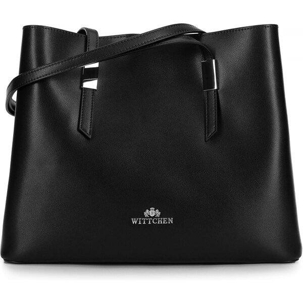 Wittchen Damska shopperka skórzana z okuciem czarna ze srebrnym logo 66066116