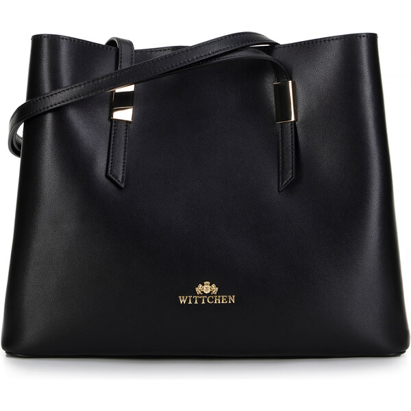 Wittchen Damska shopperka skórzana z okuciem czarna ze złotym logo 99 66066117