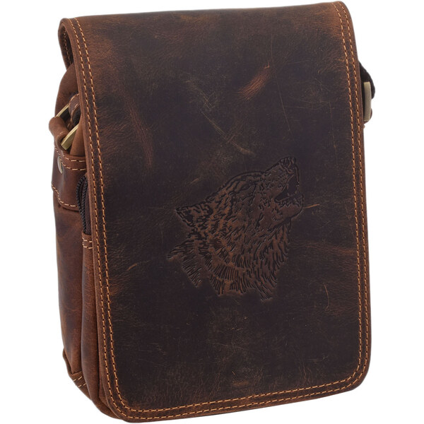 Mercucio Pánske kožené crossbody tmavohnedý hunter embos vlk hlava 64524523