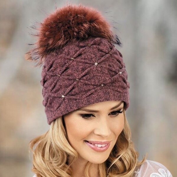 KRUMLOVANKA Dámska čiapka s brmbolcom W-0105/780M šedoružová melange 60532841