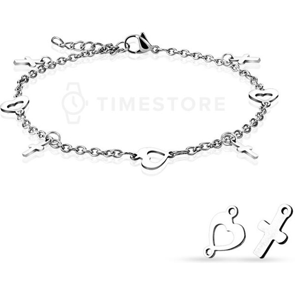 Dámsky oceľový náramok z chirurgickej ocele s krížikmi a srdiečkami TS 60537664