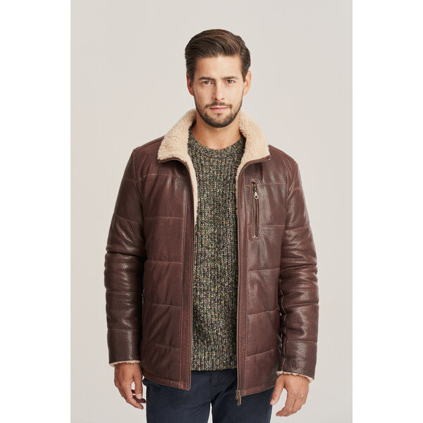 KONOPKA Pánska hnedá zimná bunda z pravej kože s kapucňou 29232862