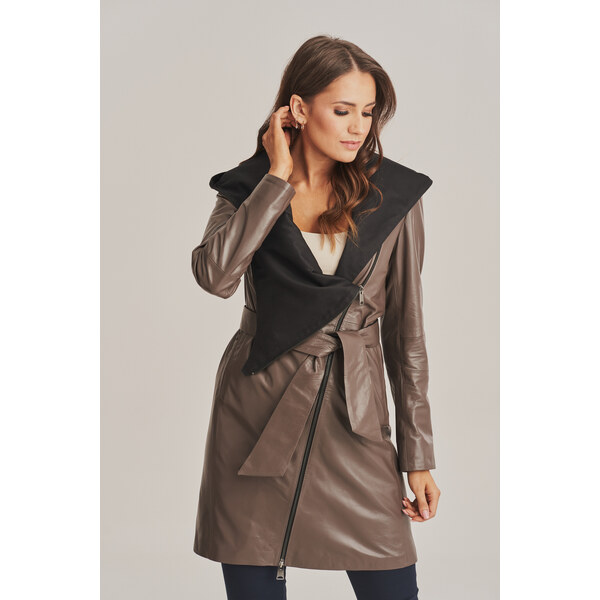 KONOPKA Dámsky kožený plášť s kapucňou farba cappuccino 29232901