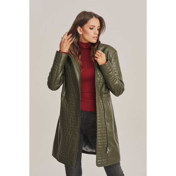 KONOPKA Dámsky kožený plášť v olivovo zelenej farbe 29232903