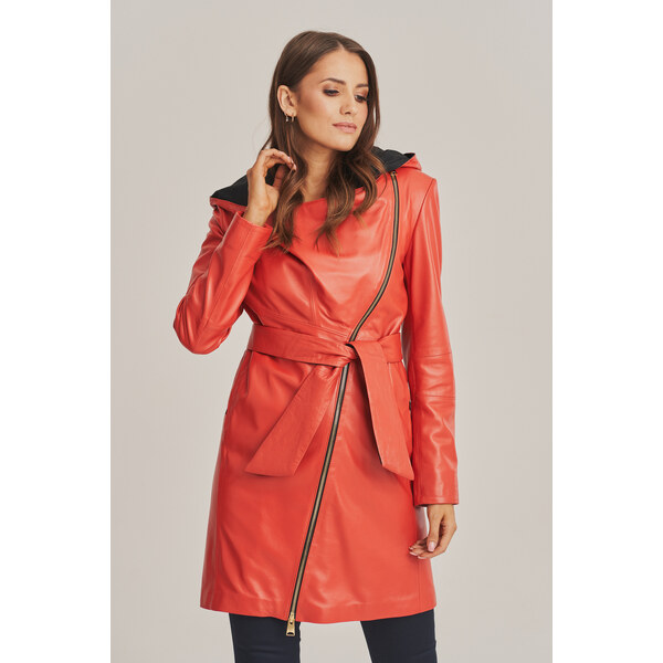 KONOPKA Dámsky kožený plášť s kapucňou v krásnom koralovom odtieni 29232915