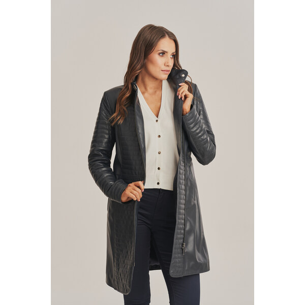 KONOPKA Dámsky kožený plášť tmavomodrej farby 29232918