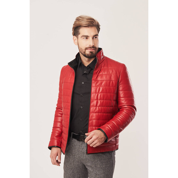 KONOPKA Pánska zateplená kožená bunda na zips, červená 35949163