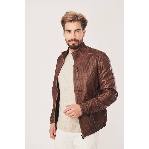 KONOPKA Pánska hnedá kožená bunda so stojáčikom 35949164