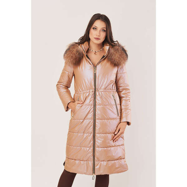 KONOPKA Dámsky dlhý páperový kabát s kožušinkou v perleťovo hnedej 36014951