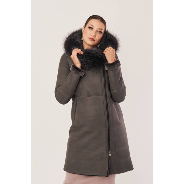KONOPKA Dámsky zimný kabát v sivej farbe - kožuch s kapucňou 36056239