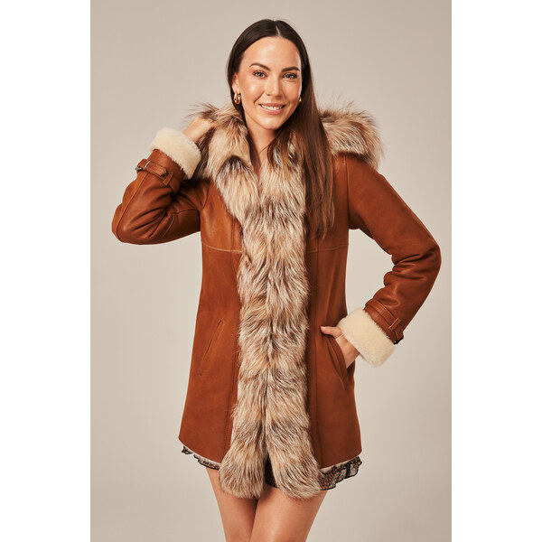 KONOPKA Dámsky svetlo hnedý kožuch s kapucňou 58419689