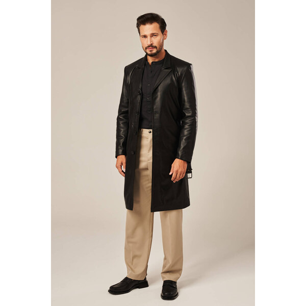 KONOPKA Pánsky kožený kabát, čierny 58988552