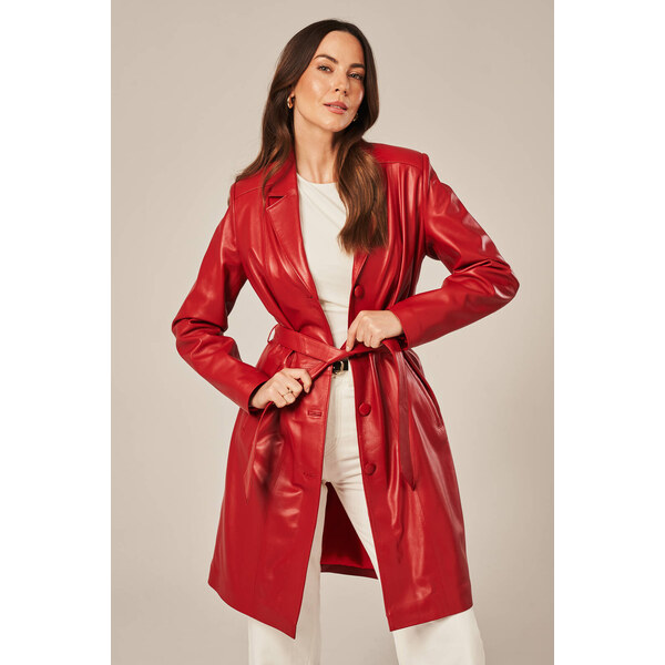 KONOPKA Dámsky červený kožený kabát s gombíkmi a zaväzovacím opaskom 59229827