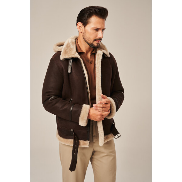 KONOPKA Pánska zimná kožená bunda s kapucňou, hnedá 60581986