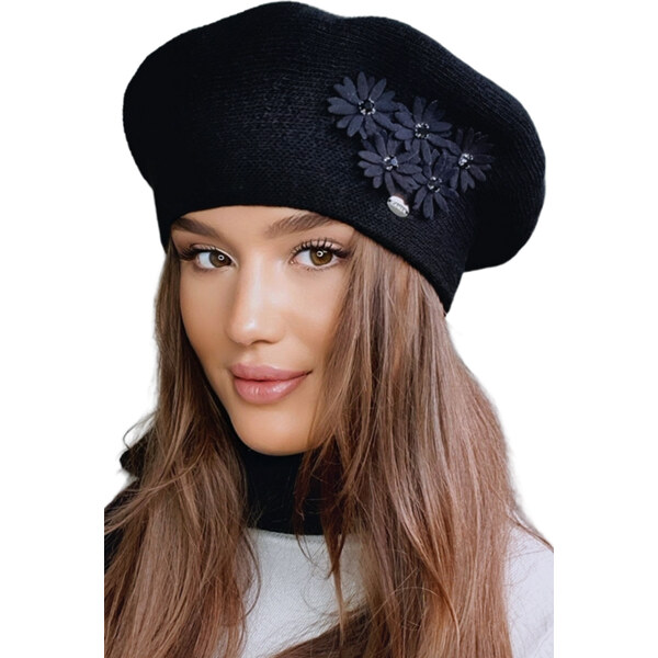 Kamea Čierna luxusná elegantná dámska zimná baretka s kvietkami Tala, 60579791