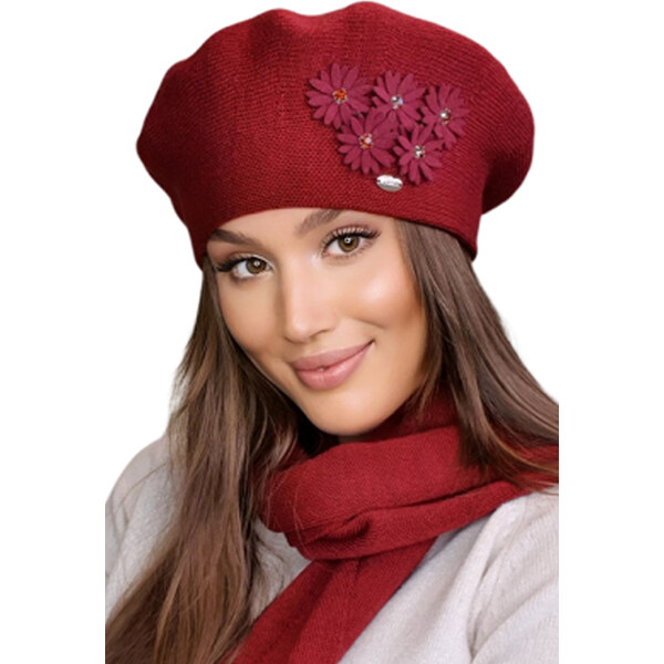 Kamea Bordová luxusná elegantná dámska zimná baretka s kvietkami Tala, 60579792