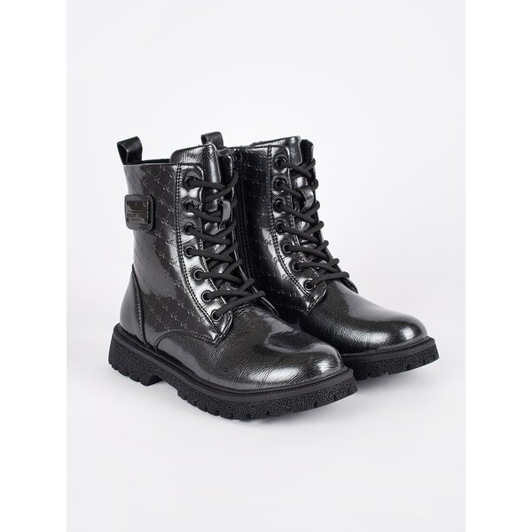 Shelvt Black patent leather girls lace-up ankle boots 60610601