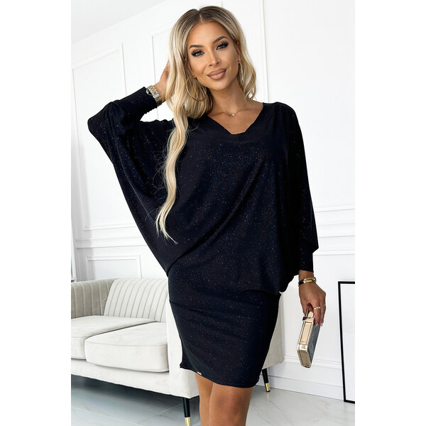 Numoco Netopierie šaty s výstrihom 402-5 čierna s trblietkami 62986519