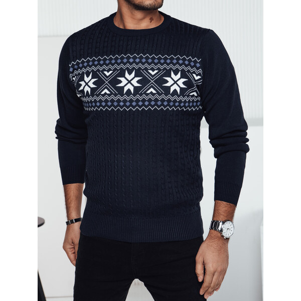 BASIC Tmavomodrý pánsky sveter s nórskym vzorom WX2277 60614588