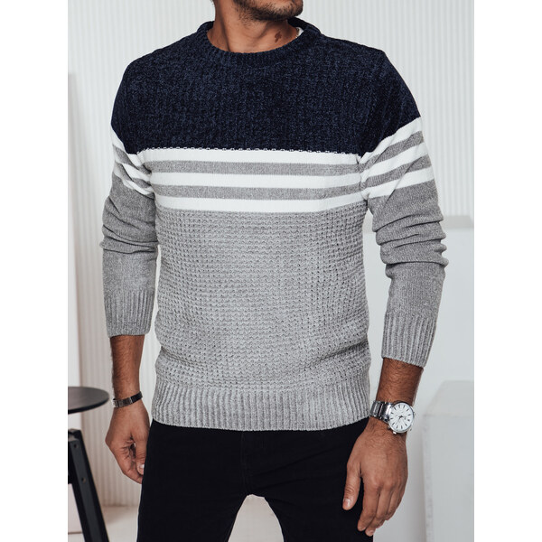 BASIC Sivo-modrý pánsky teplý sveter s bielymi pruhmi WX2230 60645402